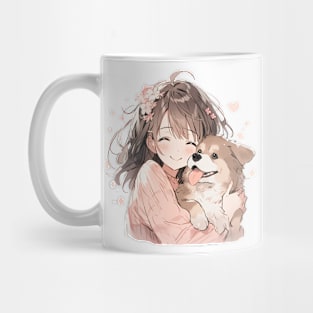 Cute Manga Girl Cuddling Puppy Mug